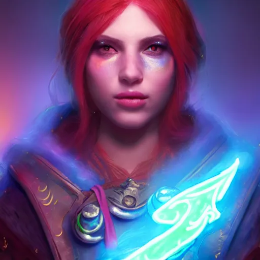 Prompt: a oil art portrait of young mage with neon magic in style of warcraft character, bard jester character sheet, 4 k, ultra detail, volumetric lighting, unreal engine, octane render, grimdark