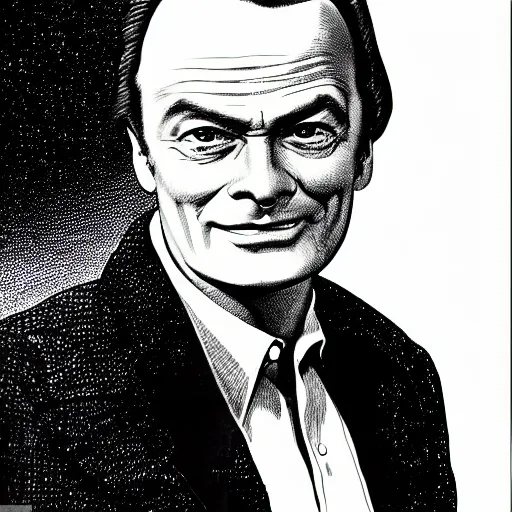 Prompt: franklin booth illustration of richard feynman in the 1 9 7 0 s