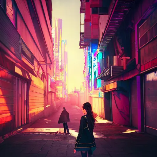 Image similar to a beautiful picture of a girl walking in a cyberpunk street by aurahack, low angle shot, cinematic, colorful, trending on artstation