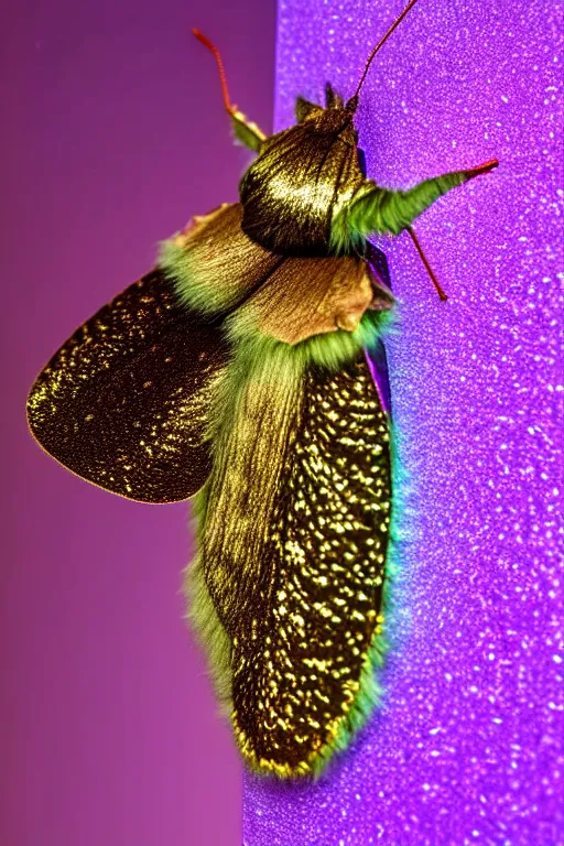 Image similar to high quality macro photo pearlescent furry moth! jeweled gorgeous! highly detailed david ligare elson peter cinematic purple neon lighting high quality low angle hd 8k sharp shallow depth of field