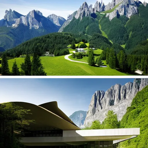 Prompt: lush and beautiful green mountain landscape, with a brutalist futuristic building, architecture, unpainted concrete, swiss alps, dolomites, by aalto alvar, by ando tadao, by chipperfield david, frank lloyd wright, by peter zumthor