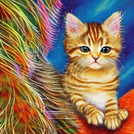 Prompt: cute tabby kitten with long flowing fur and tail made of peacock feathers detailed painting in the style of josephine wall 4 k