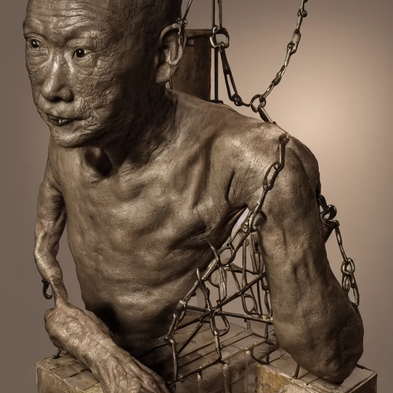 Image similar to hyperrealistic sculpture of a bronze fossilized chinese prisoner in a cage made of low poly acrylic on a pedestal by ron mueck and duane hanson and lee bontecou, hyperrealistic dramatic colored lighting trending on artstation 8 k