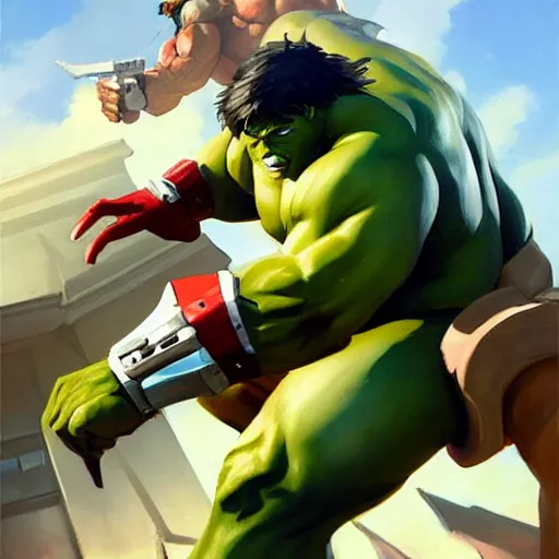 Image similar to greg manchess portrait painting of armed mega shonen hulk as overwatch character, medium shot, asymmetrical, profile picture, organic painting, sunny day, matte painting, bold shapes, hard edges, street art, trending on artstation, by huang guangjian and gil elvgren and sachin teng