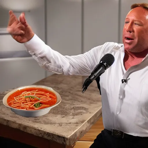 Image similar to alex jones drenched on pasta sauce,