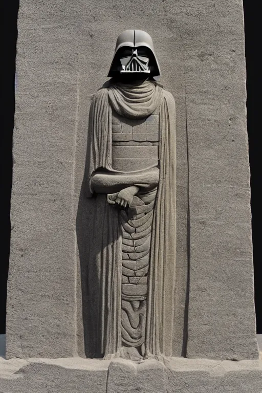 Image similar to A monumental sandstone statue of Darth Vador standing, in the style of the late Akkadian empire, museum catalog photography