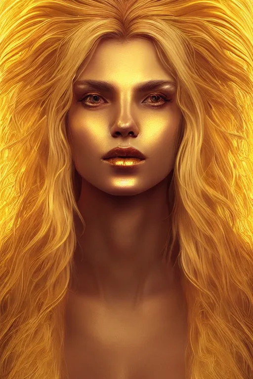 Image similar to Portrait of reistlin majere with long white hair, golden face, elegant, photorealistic, highly detailed, artstation, smooth, sharp focus, gold ornaments, neon lighting, sci-fi, art by Klimt