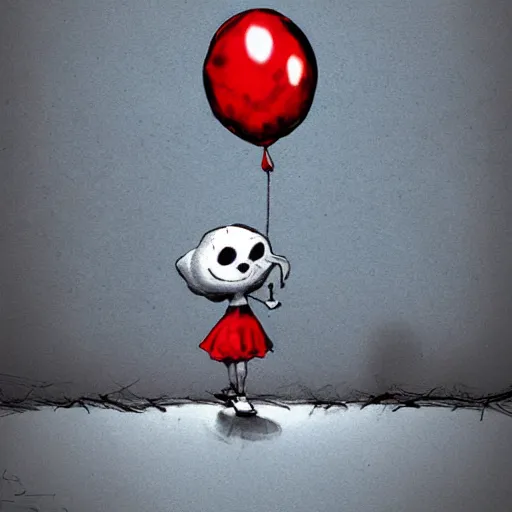 Image similar to grunge cartoon landscape sketch of bilie eilish with a wide smile and a red balloon by - michal karcz, loony toons style, pennywise style, horror theme, detailed, elegant, intricate