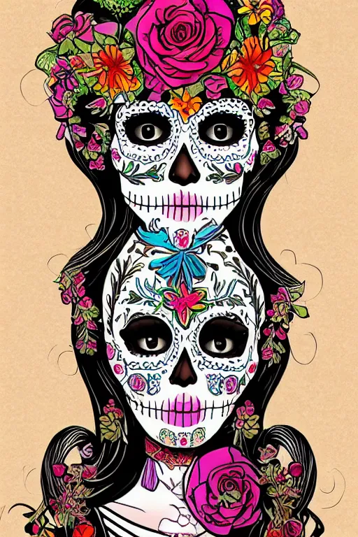 Image similar to illustration of a sugar skull day of the dead girl, art by jerry collins