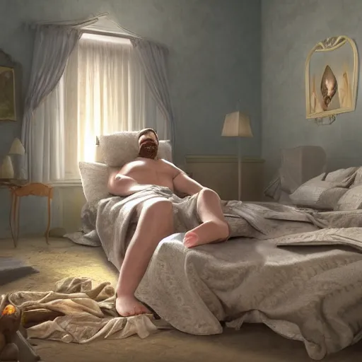 Image similar to god waking up to find out he slept in too late, surreal, funny, slightly disturbing, highly detailed, 8 k