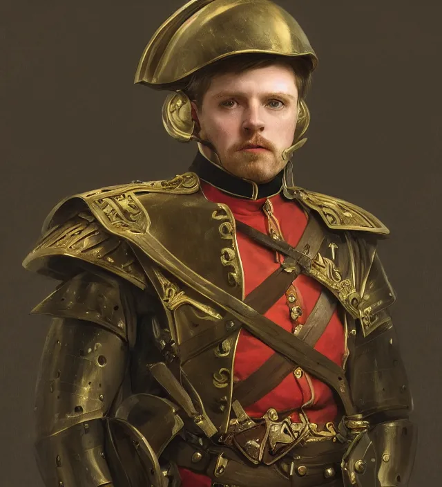 Image similar to portrait of an irish man wearing a traditional nineteenth century irish empire military uniform, metal shoulder pauldrons, intricate, highly detailed, digital painting, artstation, concept art, sharp focus, cinematic lighting, illustration, art by artgerm and greg rutkowski, alphonse mucha, cgsociety