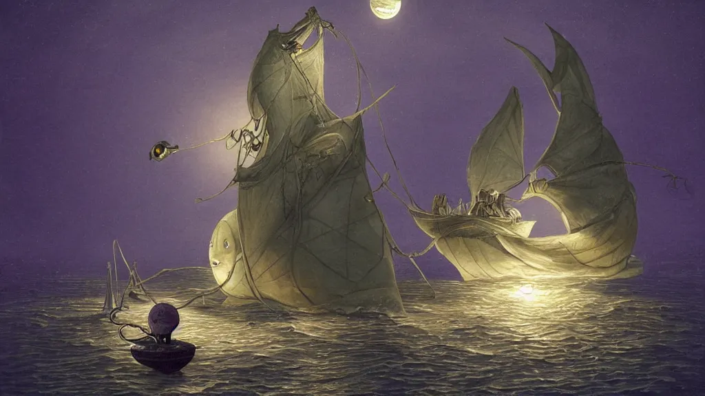 Image similar to a large!! surfacing anglerfish!!!! holds its light to a lantern - holding!!!! sailor!!!! on a ( sloop ), ( background with supermoon and purple sky ), in the styles of tom coletti, jorge jacinto, and thomas veyrat intricate, accurate details