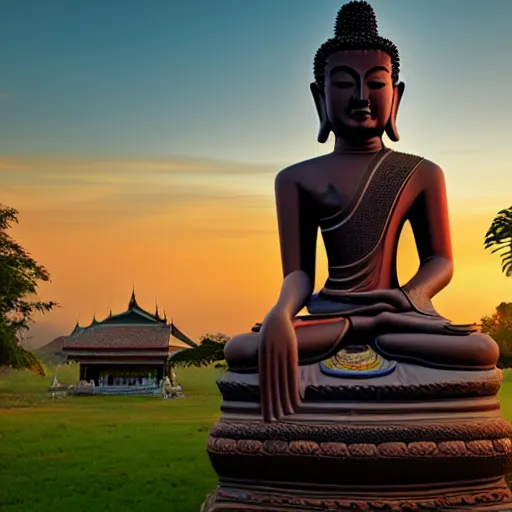 Image similar to a beautifully detailed wide angle oil painting of a sitting thai buddha statue in front of a thai temple with a gorgeous sunrise, by kestutis kasparavicius trending on artstation