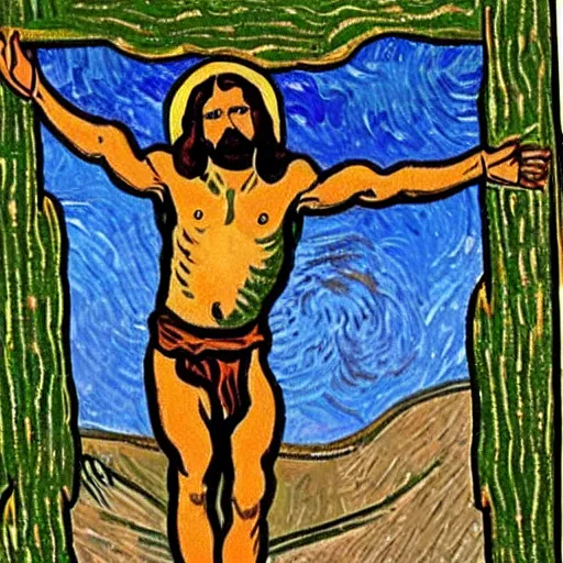 Image similar to Ja-rule appears as Jesus, crucified on cross, painting by Van Gogh