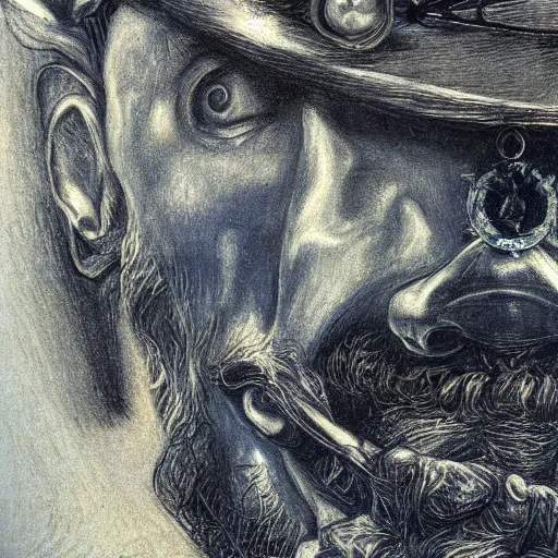 Prompt: Close-up of Don Quixote, pencil drawing. El Greco, Remedios Varo, Salvador Dali, Carl Gustav Carus, John Atkinson Grimshaw. Blue tint. Symetrical, logo, geometric shapes.