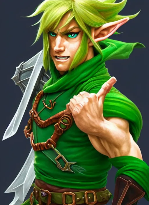 Image similar to portrait of aggressive link from the legend of zelda, d & d, muscular! green, fantasy, intricate, elegant, highly detailed, digital painting, artstation, concept art, smooth, sharp focus, illustration, art by artgerm and greg rutkowski and alphonse mucha