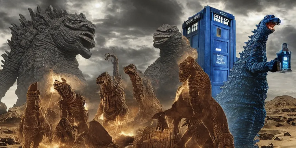 Image similar to doctor who tardis meets godzilla in ancient egypt in 2 0 0 bc