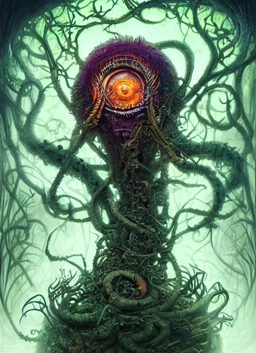 Prompt: lsd hippie poster art lovecraft horror machine glowing reptile eyes, plants and trees, elegant, highly detailed, centered, digital painting, artstation, concept art, smooth, sharp focus, illustration, artgerm, tomasz alen kopera, peter mohrbacher, donato giancola, joseph christian leyendecker, wlop, frank frazetta