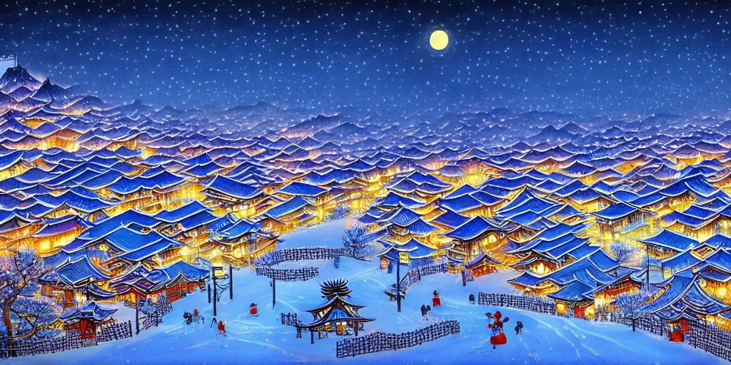 Prompt: chinese town in winter moonnight by hiramatsu reiji hd