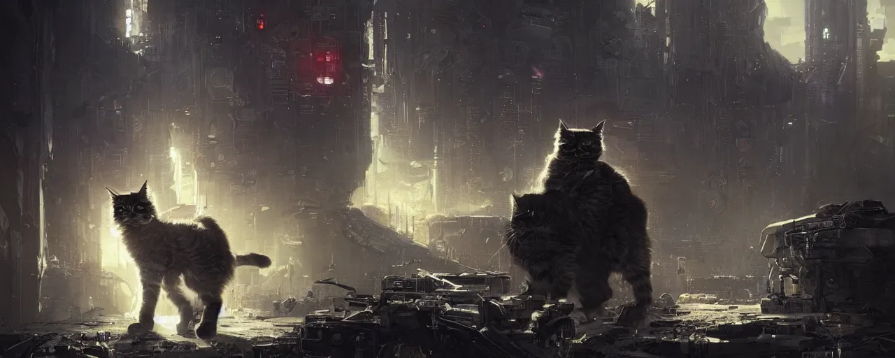 Prompt: a portrait of a futuristic cyberpunk british longhair cat soldier in war scene, epic scene, epic lighting, by greg rutkowski