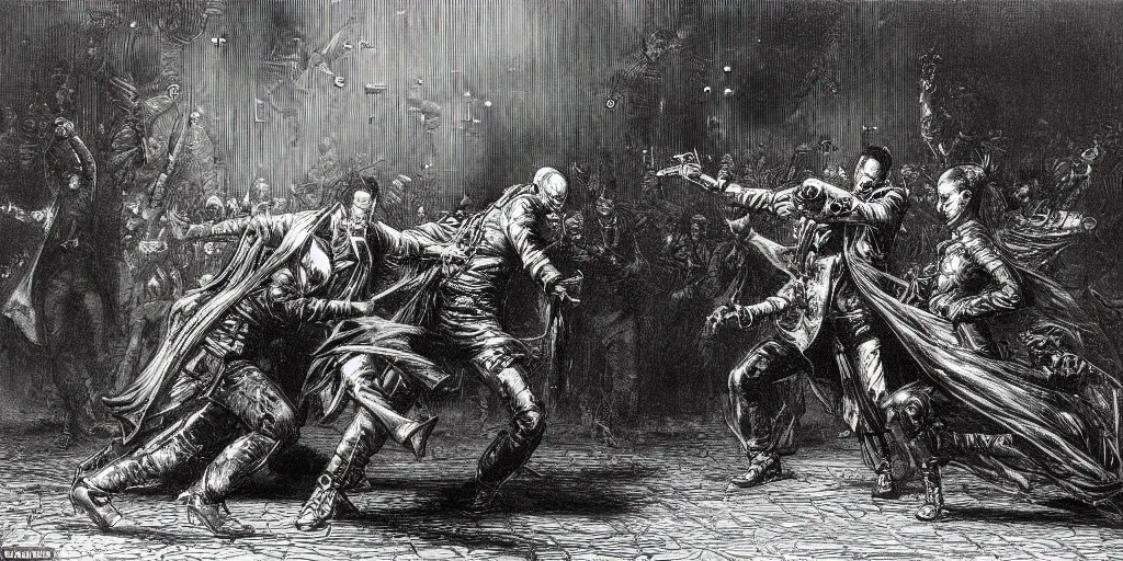 Prompt: A cyberpunk scene from the Matrix as drawn by Gustave Doré with Neo fighting a thousand agents Smith in bullet time