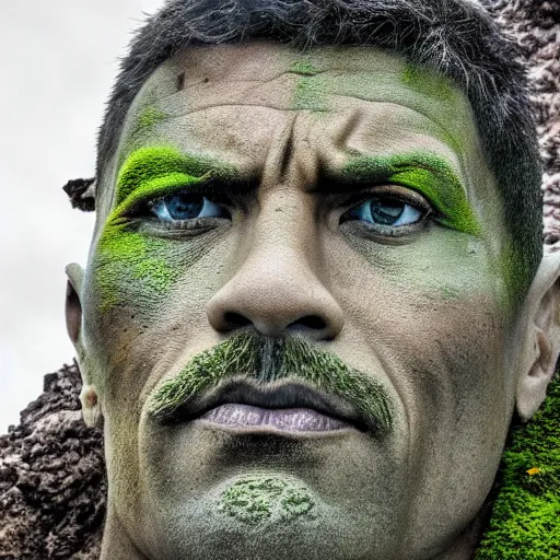 Image similar to a grey mossy rock with the face of dwayne johnson, shot on iphone 1