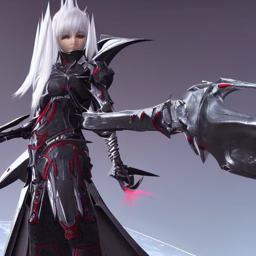 Image similar to a red au ra xaela with grey hair in a suit of astronaut armor with their futuristic scythe drawn, Final Fantasy FFXIX, high octane, detailed 3D rendered in unreal engine, 4k