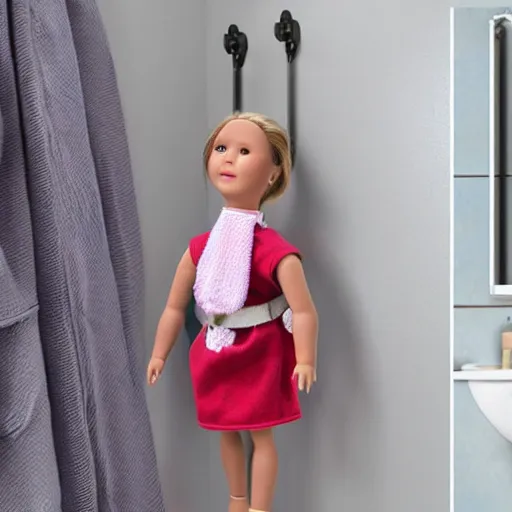 Prompt: a lifelike doll tied to a towel rack in the bathroom with a fabric belt