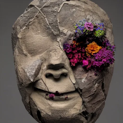 Prompt: the broken face of the and with anger of psychosis, made of stone, wood, herbs and multicolored flowers