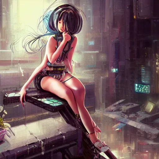 Image similar to a painting of a woman sitting on a stool, cyberpunk art by masamune shirow, pixiv contest winner, fantasy art, enchanting, detailed painting, storybook illustration