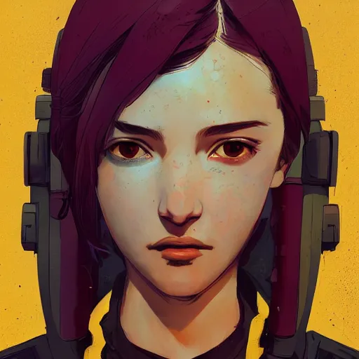 Prompt: Highly detailed portrait of a cyberpunk young lady with, freckles and wavy hair by Atey Ghailan, by Loish, by Bryan Lee O'Malley, by Cliff Chiang, by Greg Rutkowski, inspired by image comics, inspired by graphic novel cover art, inspired by nier!! Gradient red purple gold color scheme ((grafitti tag brick wall background)), trending on artstation
