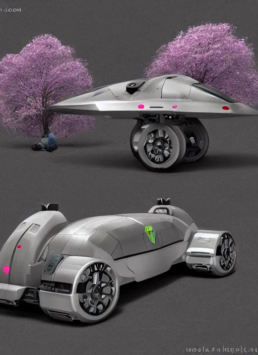 Image similar to a futuristic magical solarpunk tesla cyber truck vehicle hover craft in the future of 2 0 8 9 futuristic version, dieselpunk look, intricate modular automotive parts shape, aero dynamic, digital art. trending on art station. cyberpunk look hovering by mount fuji early in the morning with a few blossom trees around, high quality photo