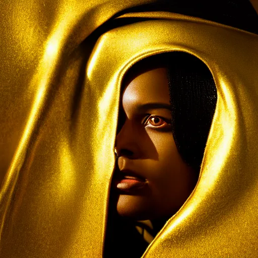 Image similar to a portrait of a young black woman wearing a long dark cloak, hood and shadows covering face, wearing shiny gold, oil painting, matte painting, black background, Volumetric Golden dappled dynamic lighting, Highly Detailed, Cinematic Lighting, Unreal Engine, 8k, HD, by Beksinski