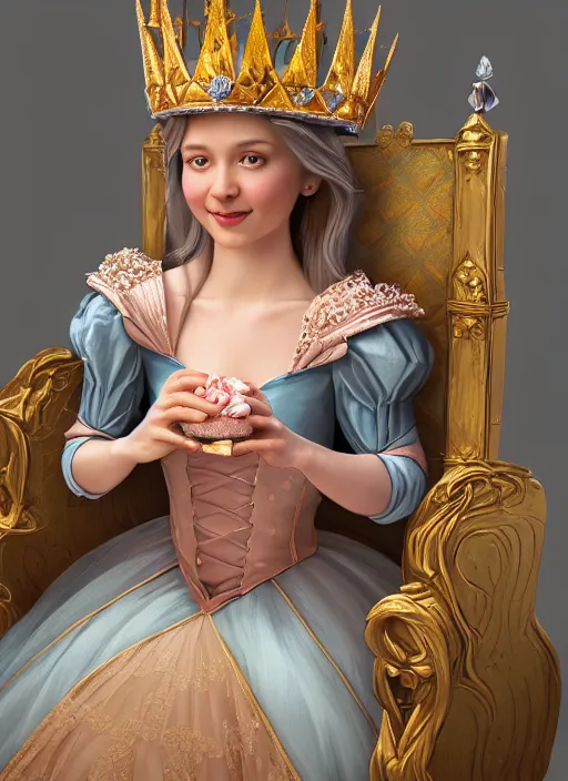 Image similar to highly detailed closeup, low - poly hands, portrait of a fairytale medieval princess wearing a crown and sitting on a throne eating cakes, unreal engine, low - poly hands, nicoletta ceccoli, mark ryden, earl norem, lostfish, global illumination, god rays, detailed and intricate environment