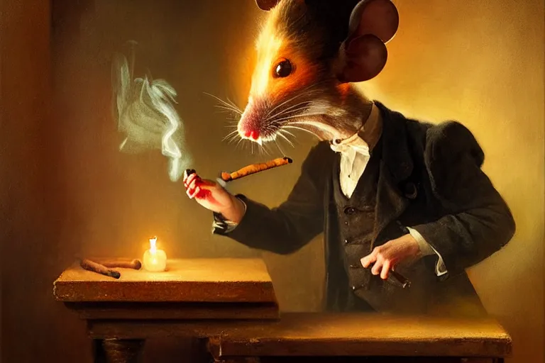 Image similar to a mouse is smoking cigar in a gothic atelier, oil painting, detailed, colorful, glowing lighting, 4 k, dimly lit, in the style of yanjung chen and tom bagshaw,