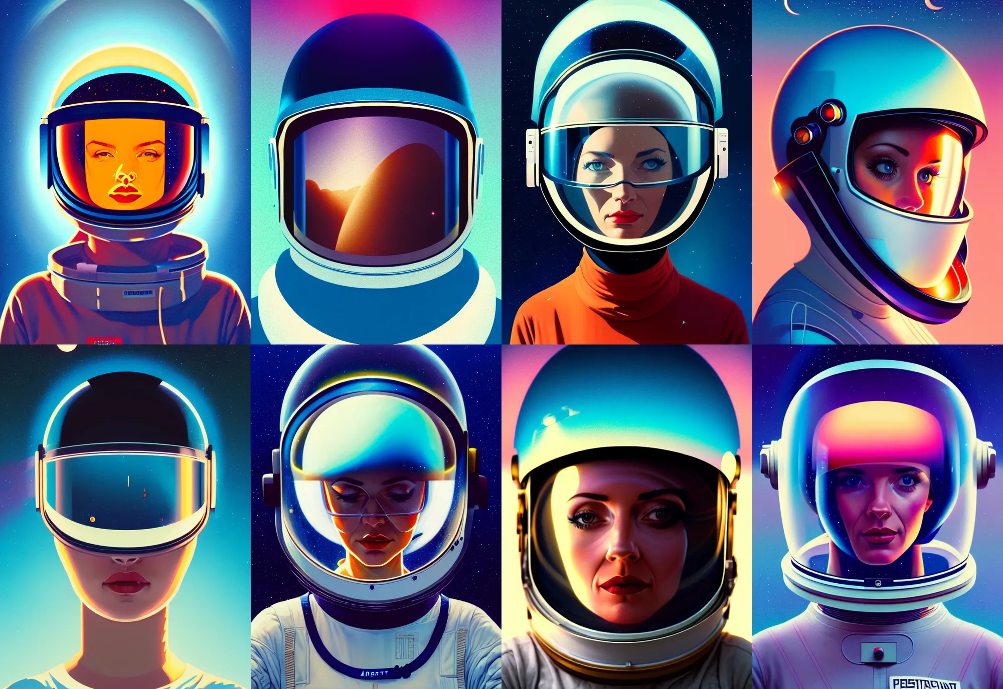 Prompt: retrofuturistic portrait of a woman in astronaut helmet, smooth transparent visor with reflective gradient, space graphics art in background, close up, quint buchholz, wlop, dan mumford, artgerm, liam brazier, peter mohrbacher, raw, featured on artstation, octane render, cinematic, elegant, intricate, 8 k
