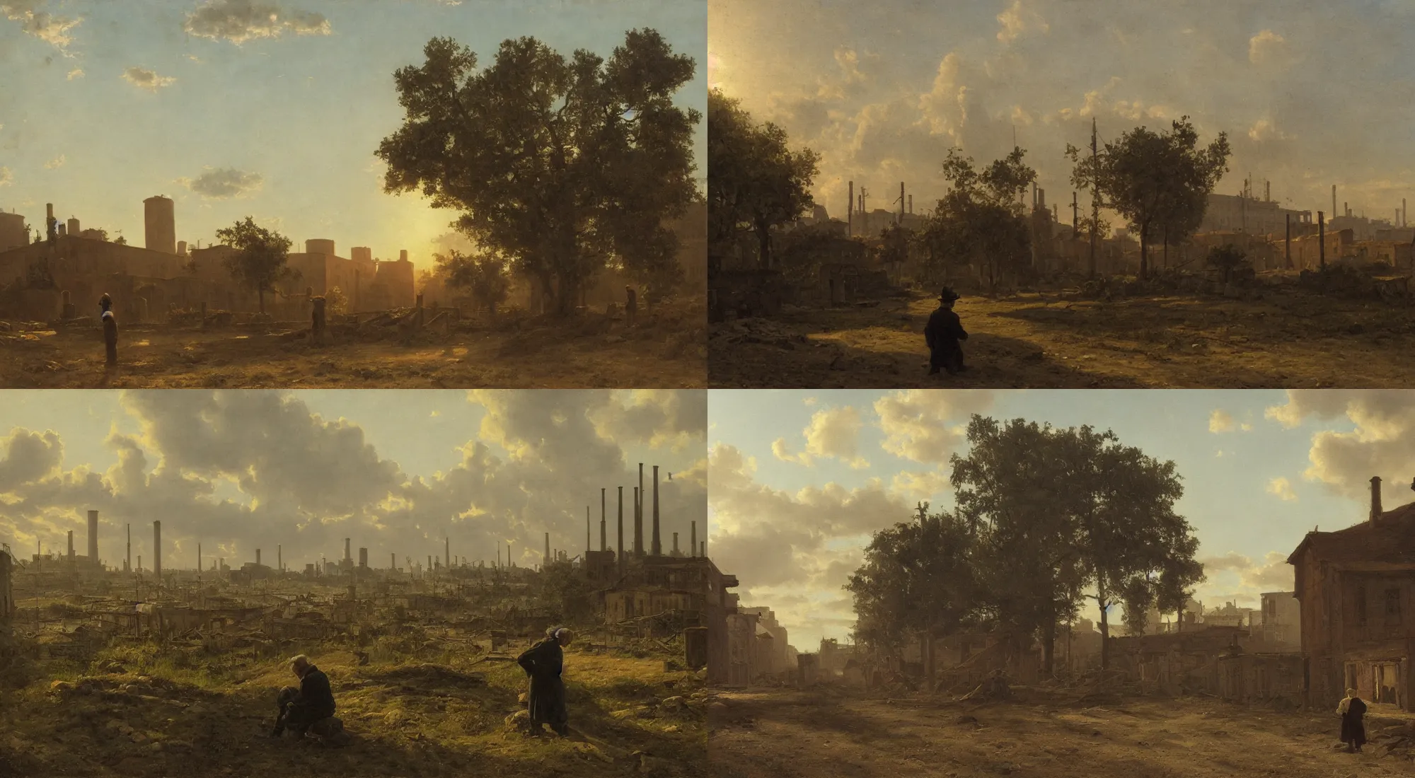 Prompt: a sad solitary old man looks on as in the evening sunlight as in the distance a factory he used to work in is destroyed, in the style of andreas achenbach