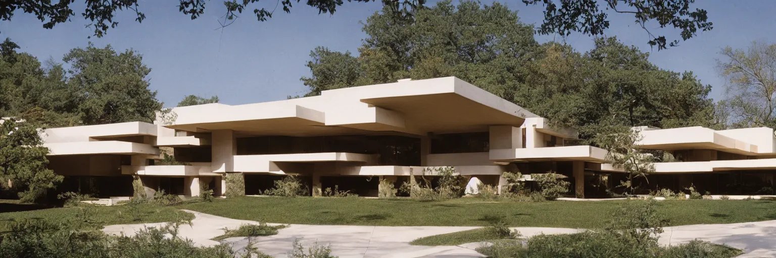 Image similar to midcentury architecture. modernism. wide shot. imagined by frank lloyd wright, photorealistic