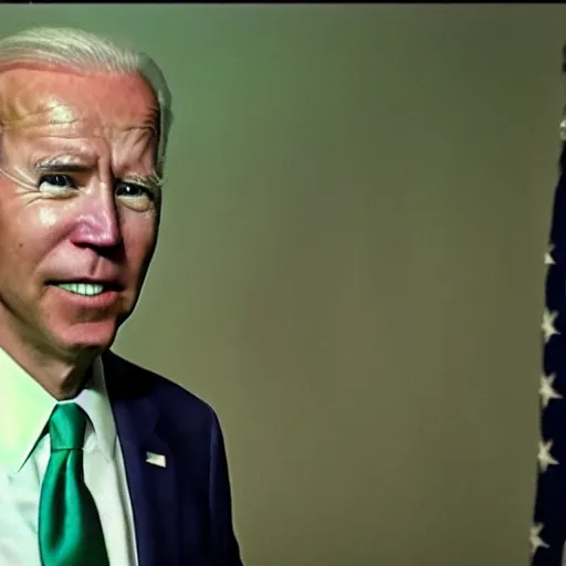 Image similar to green infrared night vision footage of Joe Biden leaning in close to the lens, 1080p pulitzer prize winning photograph