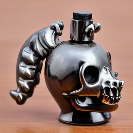 Prompt: boar shaped perfume bottle with a skull