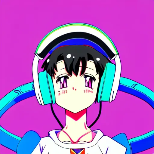 Image similar to An anime character's head wearing retro headphones. 90s anime, Sailor Moon, Neon Genesis, official art, flat cell shading, fantastic screenshot art, trending on artstation, muted nostalgic colors