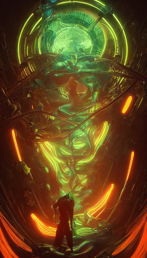 Image similar to altered carbon, neon, snakes,fibonacci, sweat drops, insane, intricate, highly detailed, digital painting, artstation, concept art, smooth, sharp focus, illustration, Unreal Engine 5, 8K, art by artgerm and greg rutkowski and alphonse mucha