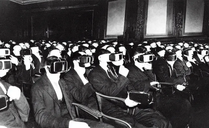 Prompt: 1 9 0 0 s photo of people wearing virtual reality headsets vr in a movie theater masterpiece old photograph