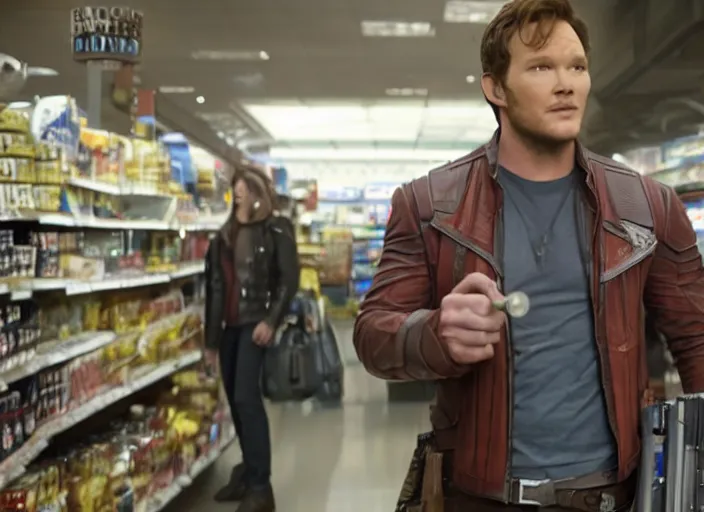 Image similar to film still of Star-Lord played by Chris Pratt shopping in a supermarket in the new Guardians of the Galaxy movie, 4k