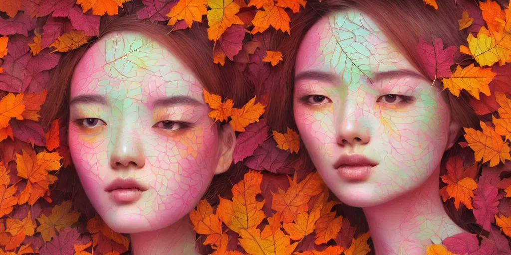 Image similar to breathtaking detailed pattern pastel colors of a woman made of autumn leaves, by hsiao - ron cheng, bizarre compositions, exquisite detail, 8 k