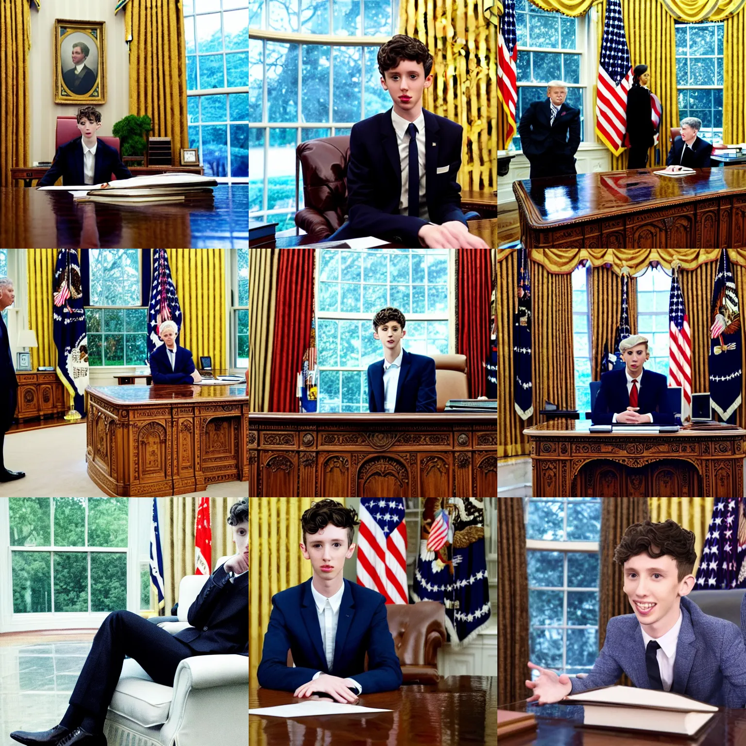 Prompt: troye sivan as the president of the united states in the oval office