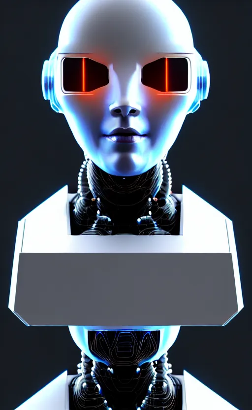Image similar to friendly humanoid cyber robot, award winning, portrait bust, symmetry, faded colors, cypherpunk background, alan blackwell, masterpiece, trending on artstation, cinematic composition, beautiful lighting, hyper detailed!!!, 8 k, unreal engine 5