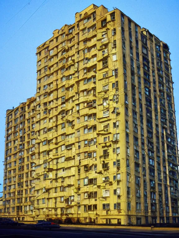 Image similar to soviet panel apartment building photo, extreme wide shot, golden hour, kodak gold 2 0 0, side - view