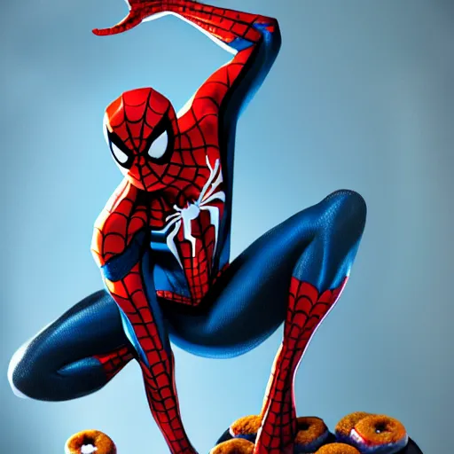 Image similar to spider - man sit on the raccoon and eating donuts, concept art, trending on artstation, highly detailed, intricate, sharp focus, digital art, 8 k