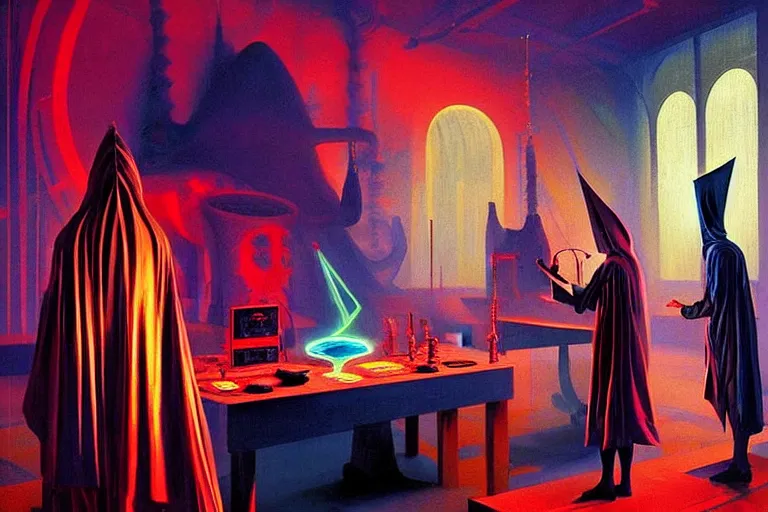 Image similar to a beautiful masterpiece painting of a technomancer wizard in robes with pointed hood discussing sentience with his synthesized AI djinn in his laboratory near a computer by Remedios Varo and Anato Finnstark and Greg Rutkowski, dayglo pink, dayglo blue, dazzle camouflage